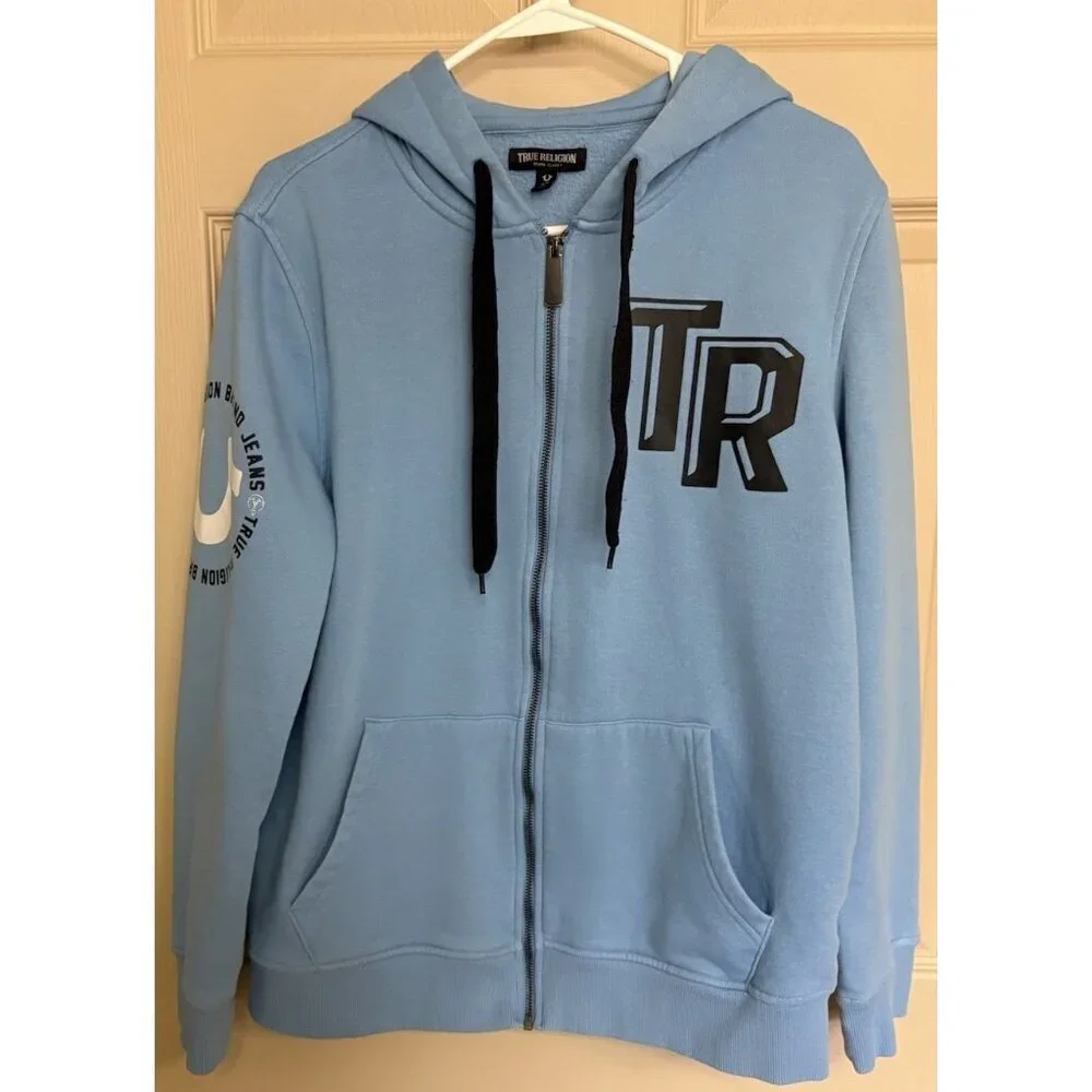 True Religion Men's Blue Full Zip Cotton Hoodie with Logo, Hooded, Size Medium